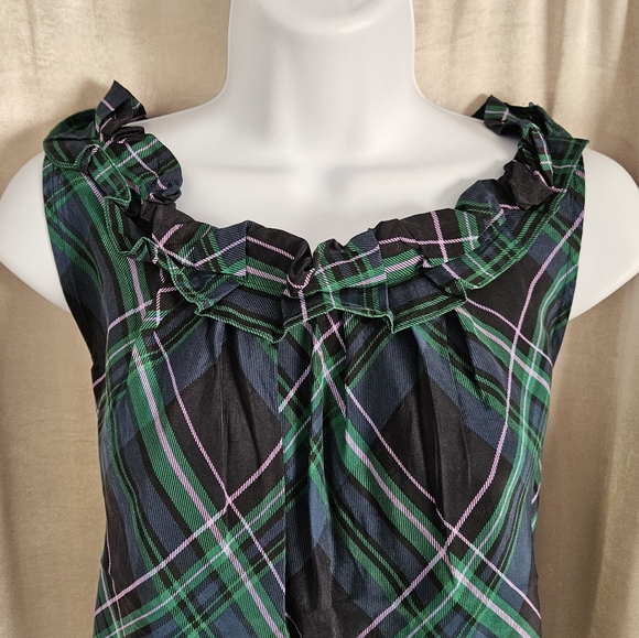 Talbots green blue & black plaid silk ruffled shell blouse top Womens 14 - Picture 2 of 7